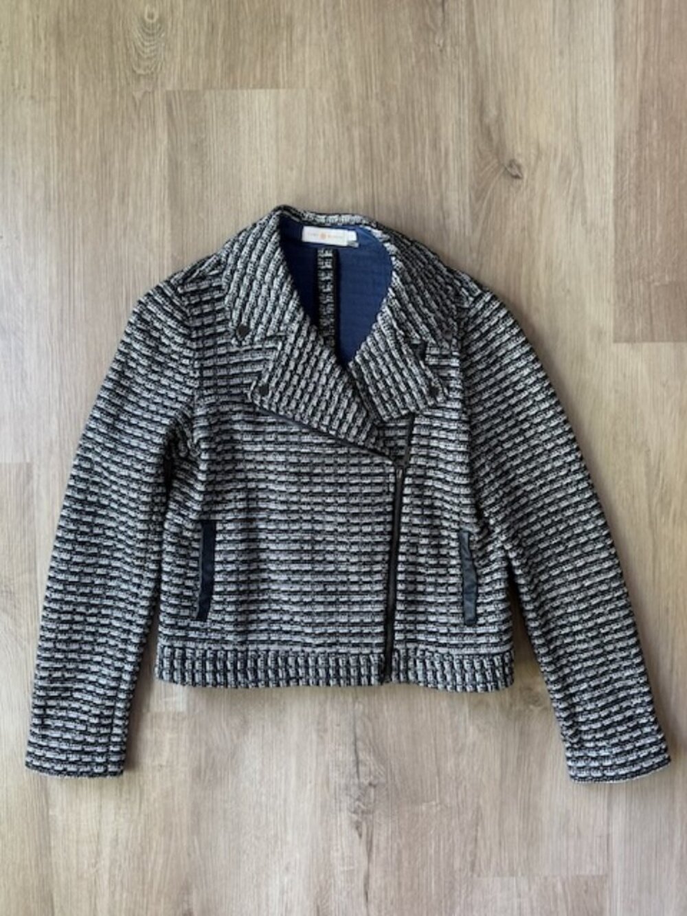Tory Burch Tweed Boucle Moto Jacket Small Black White Zip Cropped